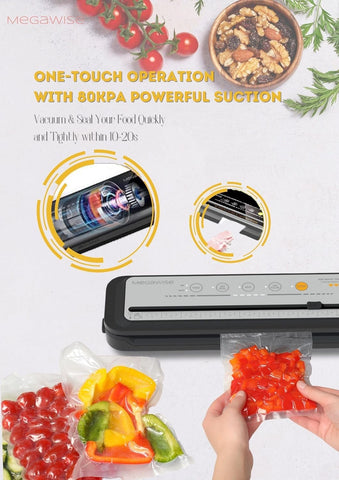 MEGAWISE vacuum sealer in dry and moist modes preserves texture for various foods.