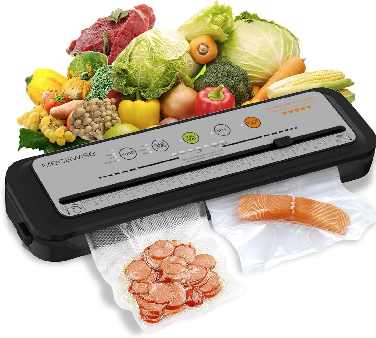 Megawise vacuum sealer front view on countertop for fast sealing.