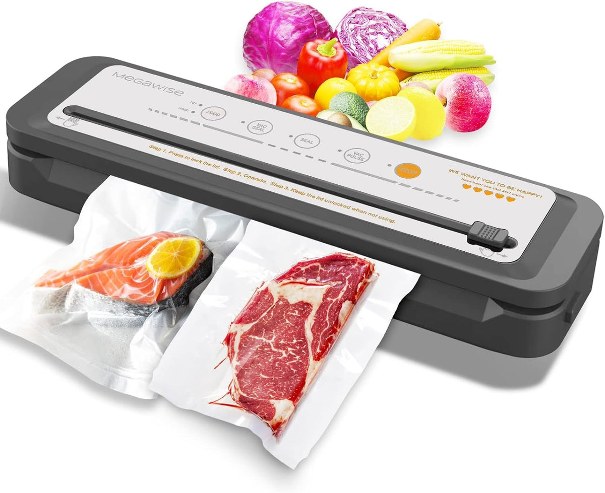 MEGAWISE vacuum sealer front view shows a space-saving silver kitchen device.