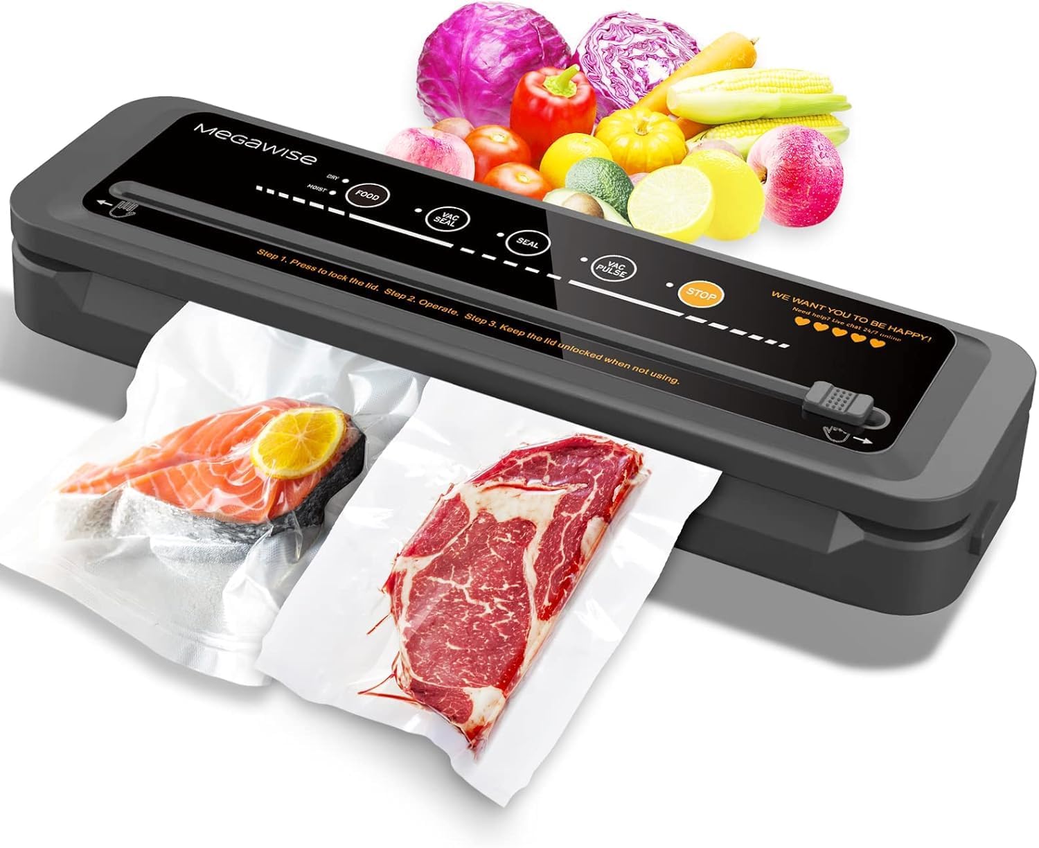 MEGAWISE vacuum sealer machine top view; compact design for efficient kitchen preservation.