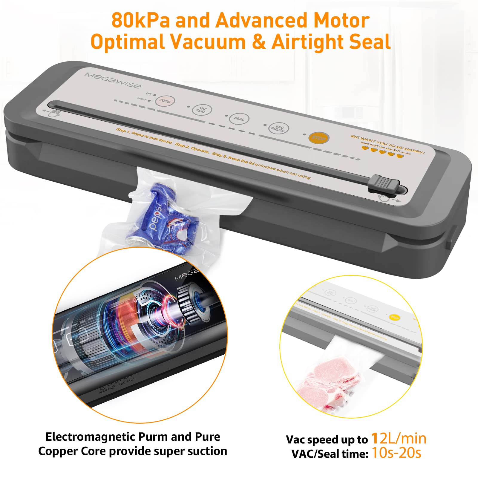 MEGAWISE vacuum sealer one-touch operation close-up enabling fast sealing.