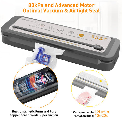 MEGAWISE vacuum sealer one-touch operation close-up enabling fast sealing.