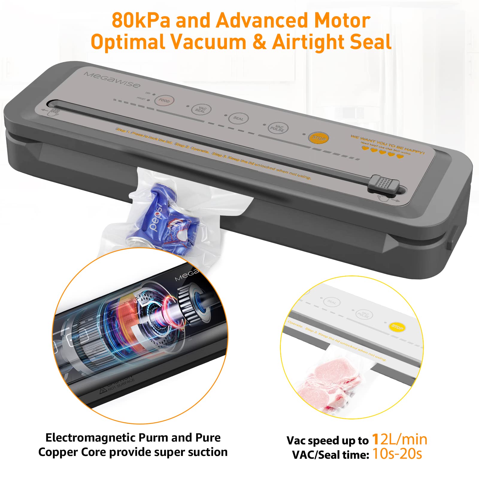 MEGAWISE vacuum sealer with one-touch operation for quick, effortless sealing