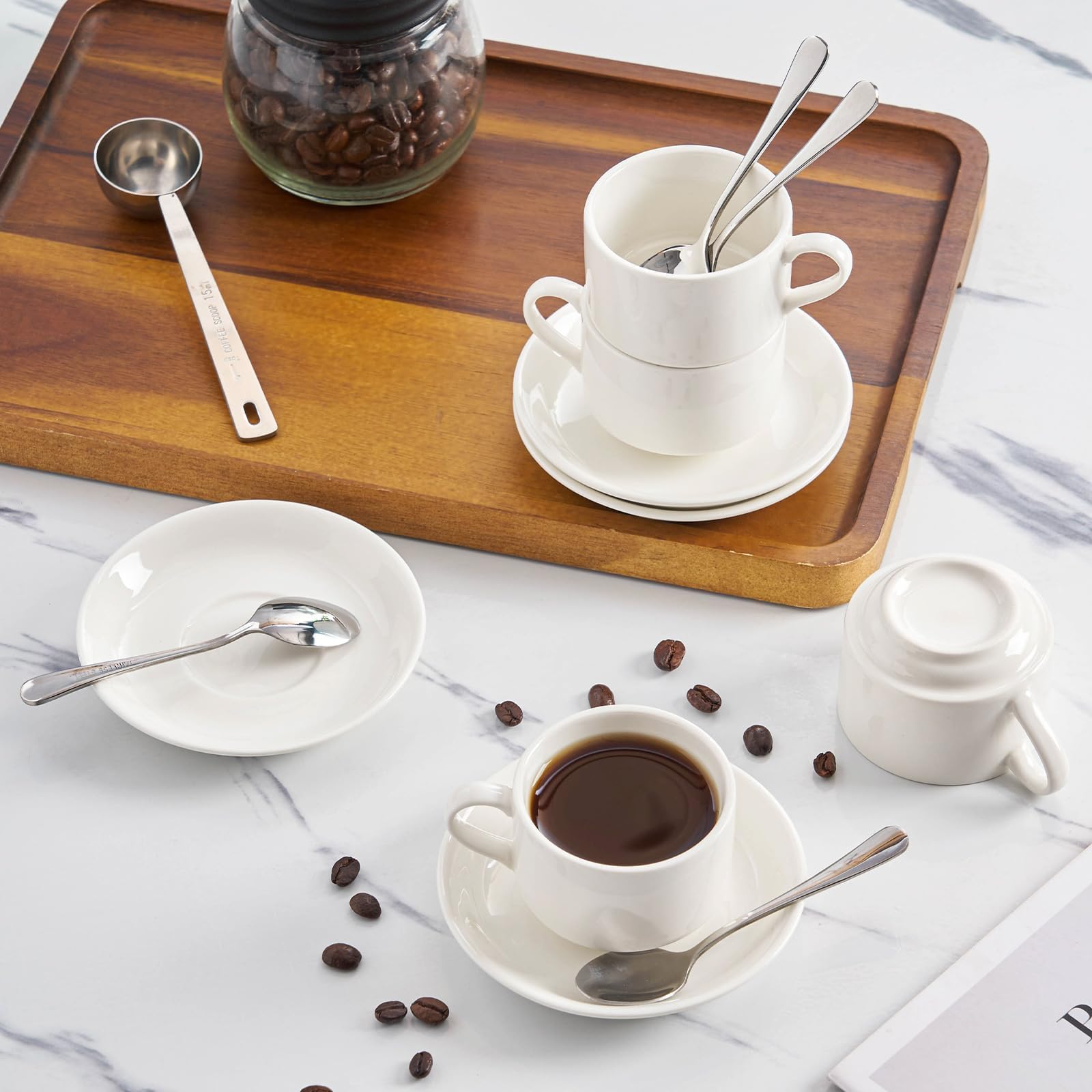Meichu stainless steel spoons, rust-resistant, ideal for stirring hot coffee.