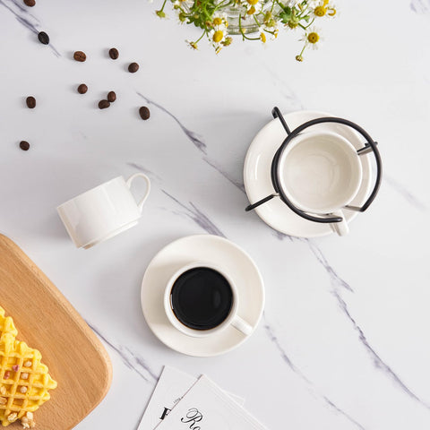 Meichu white porcelain espresso cups offer heat retention and easy microwave warming.