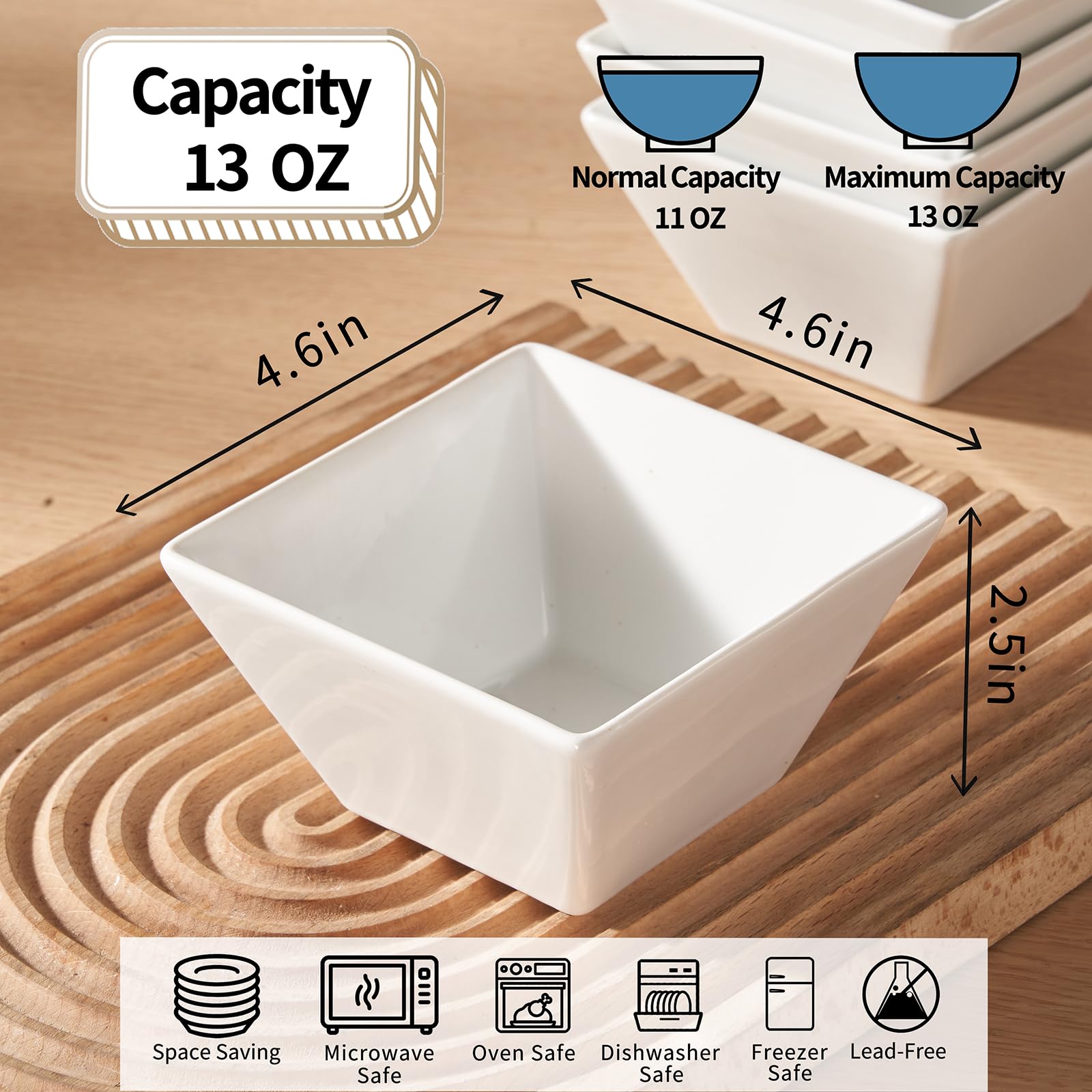 Meideal square white bowls, edge detail, durable porcelain for daily use.