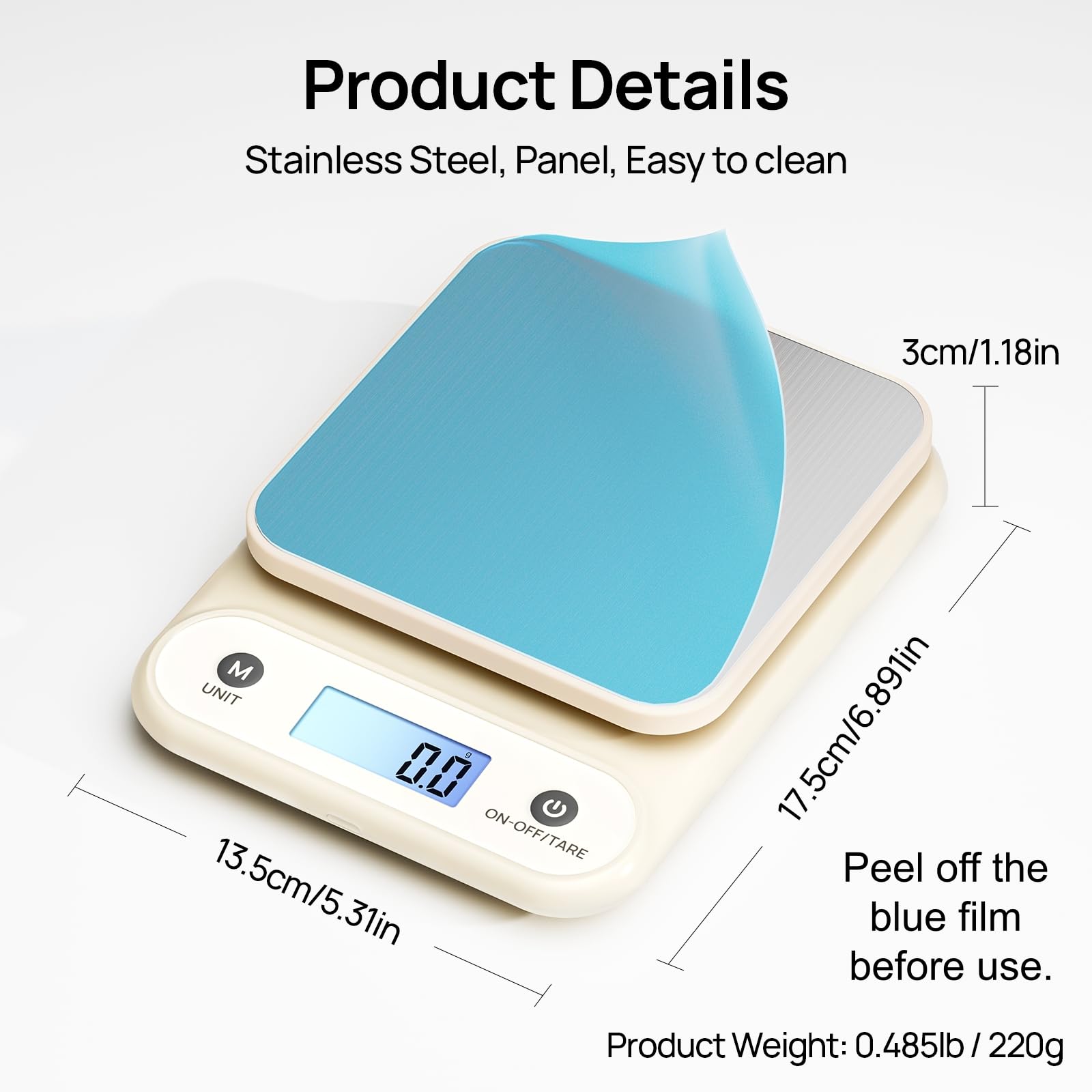 Meilen digital kitchen scale side view, slim profile for tight spaces.
