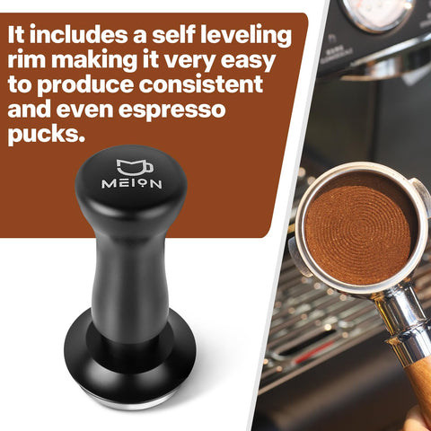 MEION tamper with self-leveling rim for consistent puck height