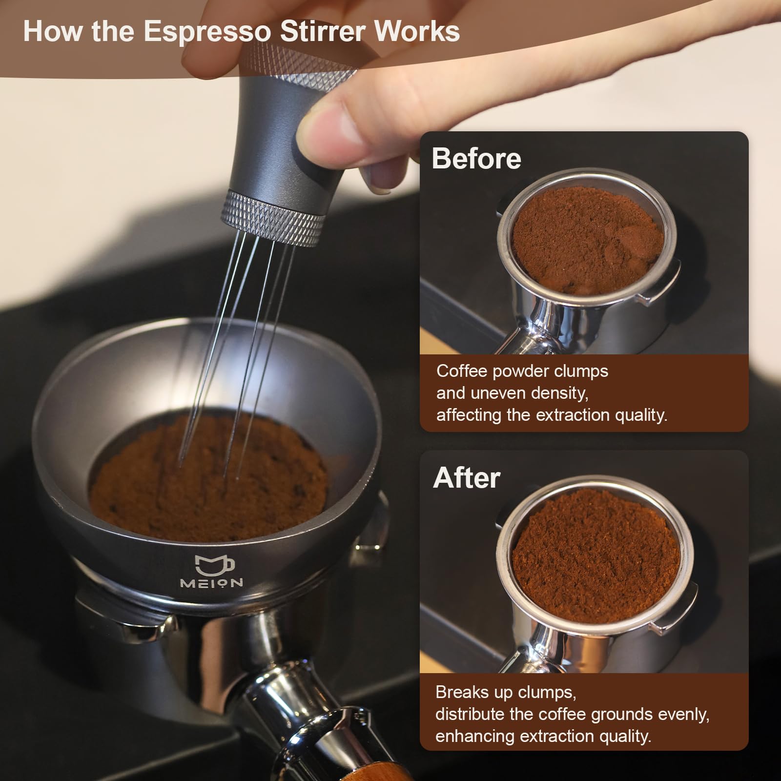 MEION WDT anti-slip handle enables comfortable, controlled stirring during espresso preparation.