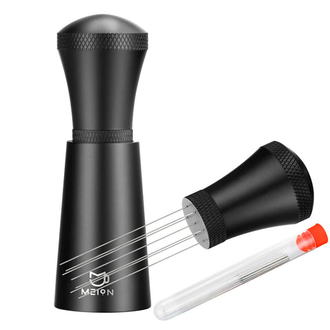 MEION WDT espresso distribution tool on its stand improves coffee puck consistency.