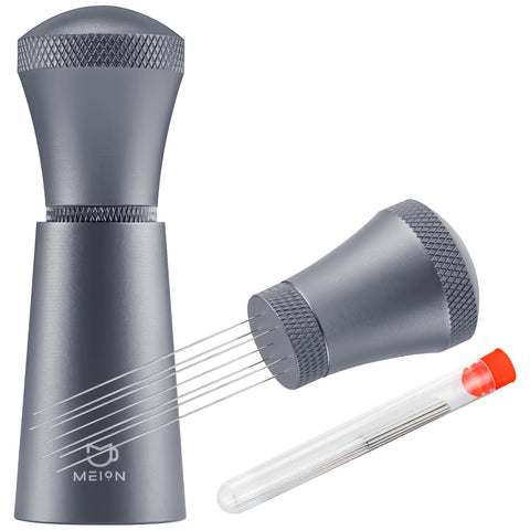 MEION WDT espresso distribution tool with stand for even grind distribution and cleaner workflow.