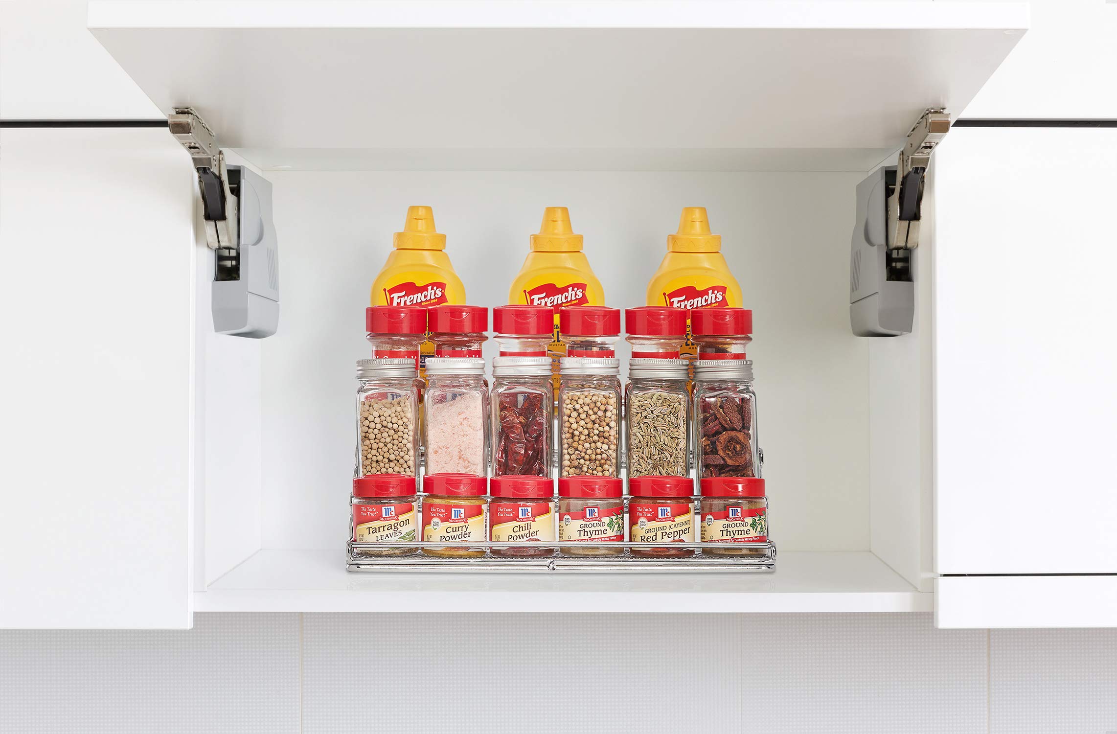MEIQIHOME 4-tier spice rack guardrails keep bottles in place