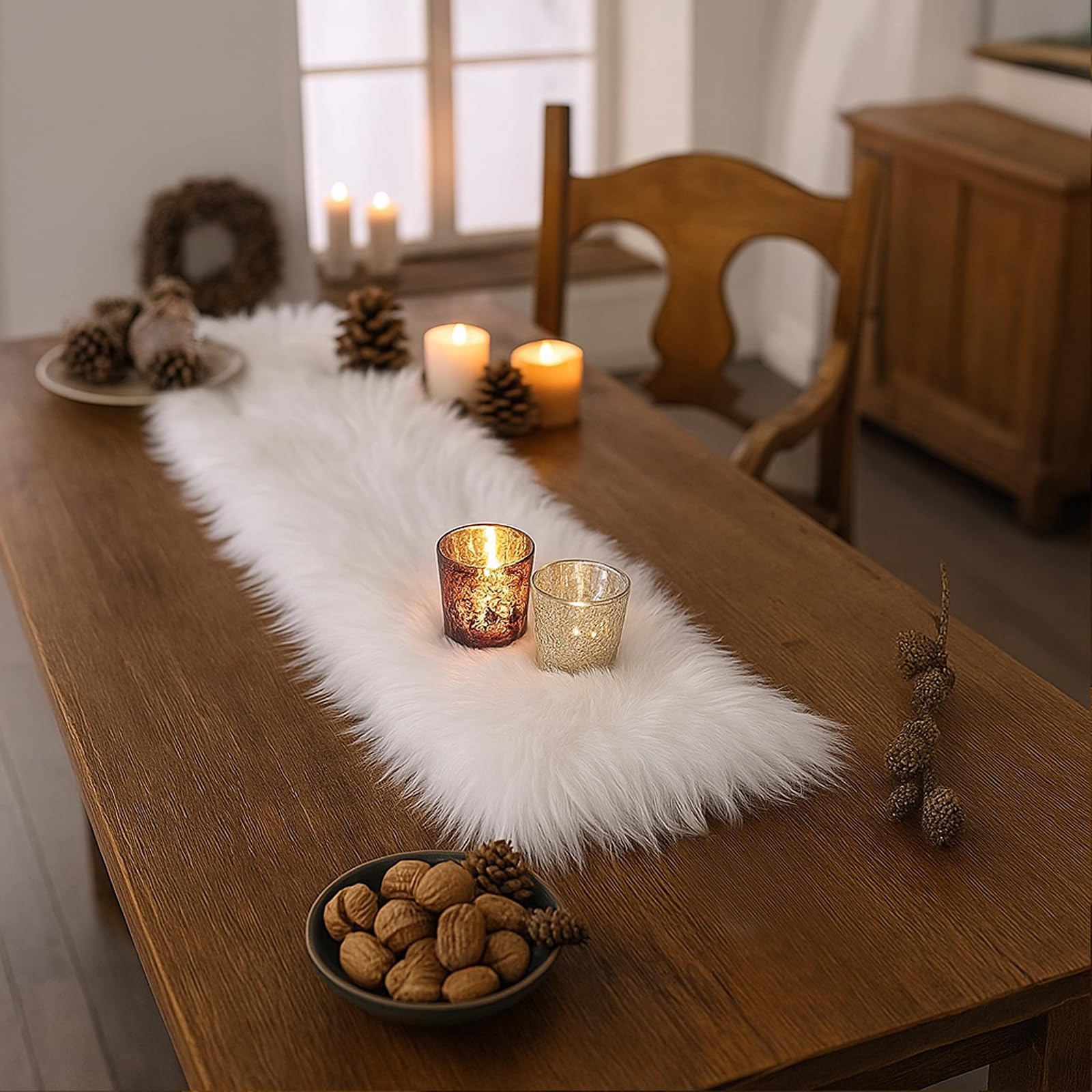 MeiSan lifestyle shot with white faux fur runner in dining.