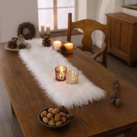 MeiSan lifestyle shot with white faux fur runner in dining.