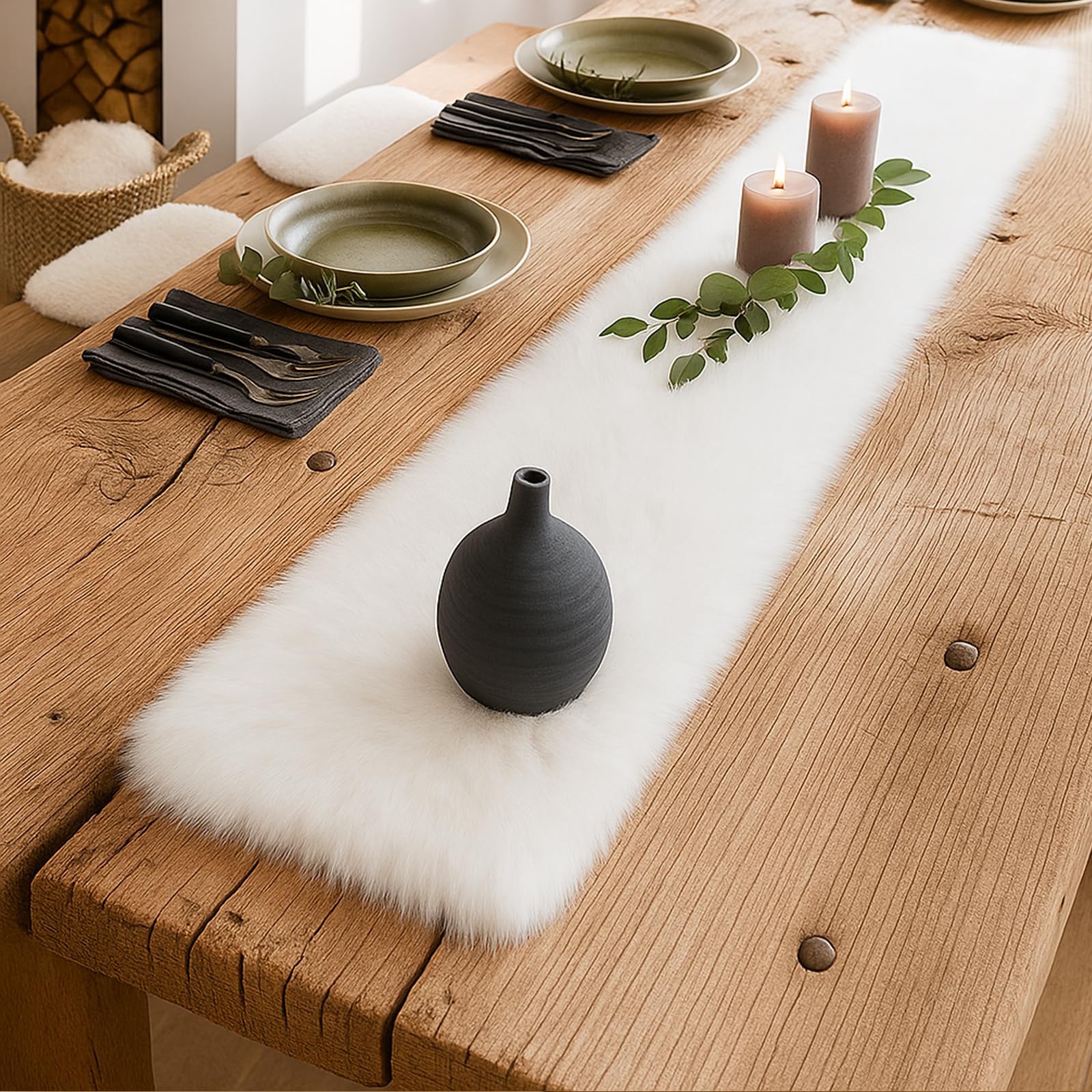 MeiSan white fur runner adds festive decoration for parties.