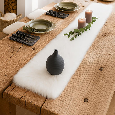 MeiSan white fur runner adds festive decoration for parties.