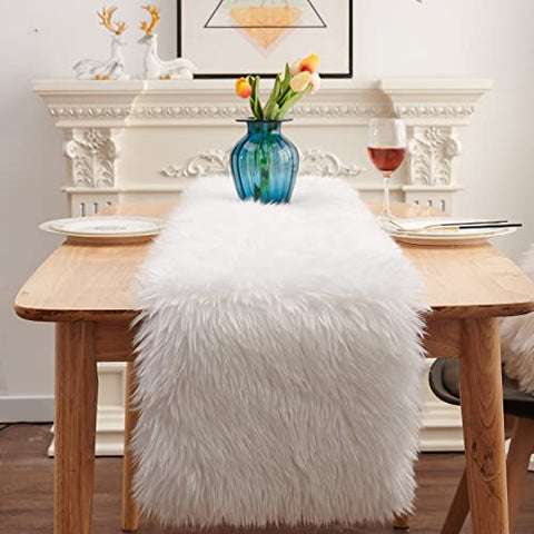 MeiSan chic white fur runner complements seasonal table settings.