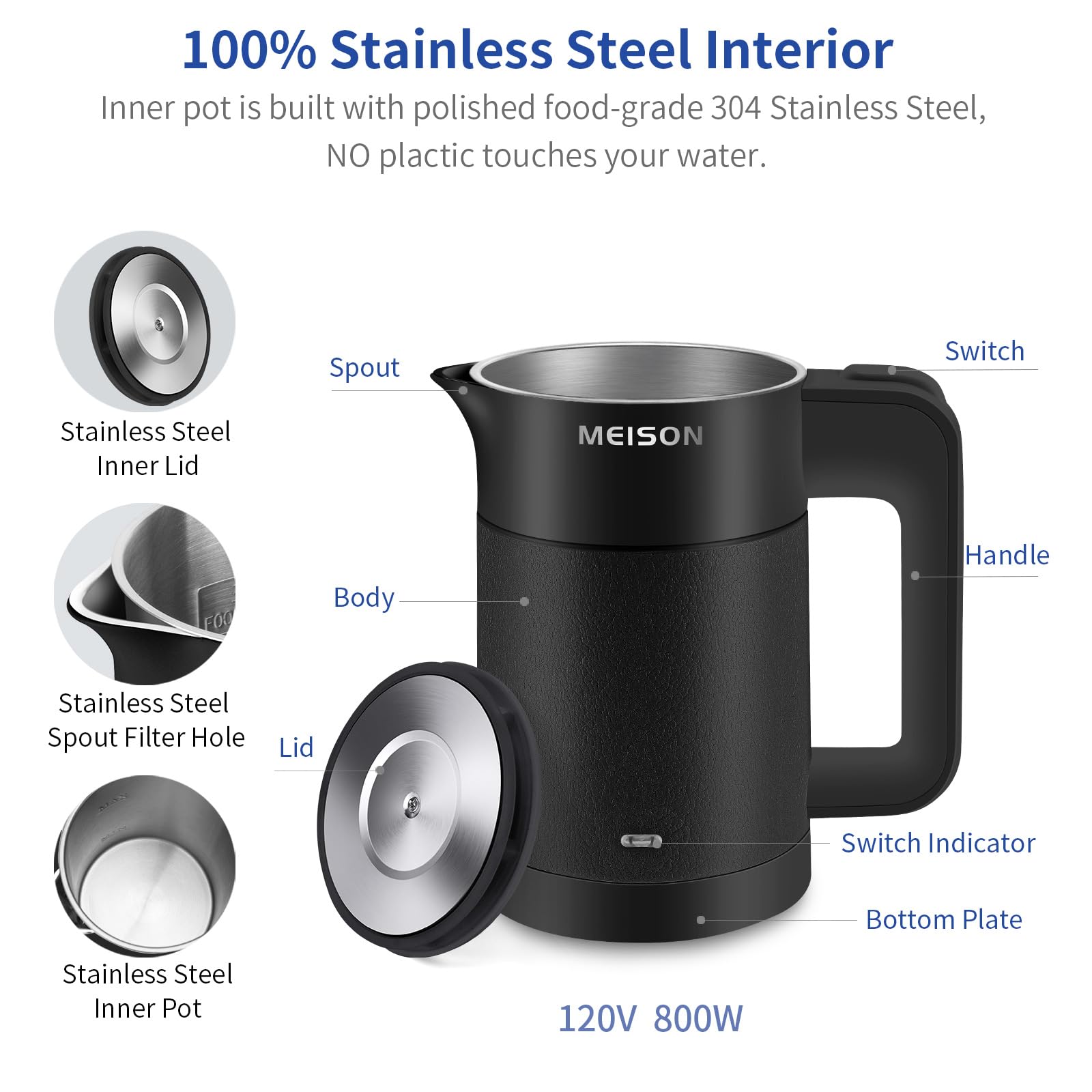 Compact travel kettle with double-wall design stays cool to touch