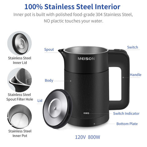 Compact travel kettle with double-wall design stays cool to touch