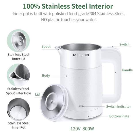 MEISON kettle showing double-wall construction for safe handling and heat retention.