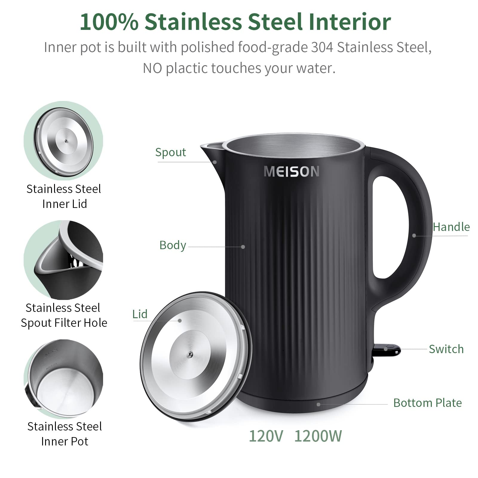 MEISON kettle spout close-up highlighting safe pour and cool-touch handling