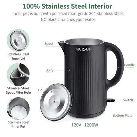 MEISON kettle spout close-up highlighting safe pour and cool-touch handling