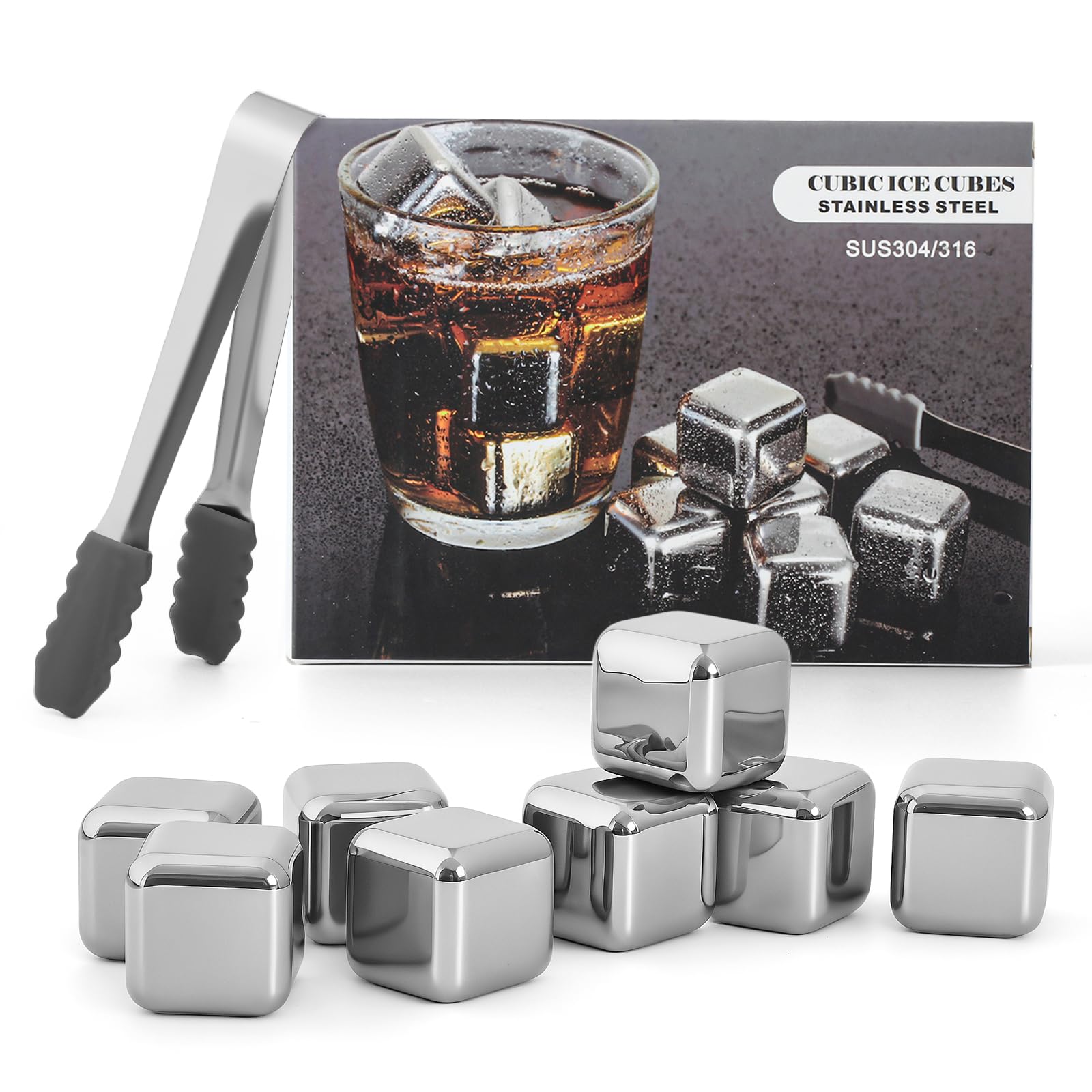Meixingtom stainless steel whiskey stones cubes in glass chill drinks without dilution.