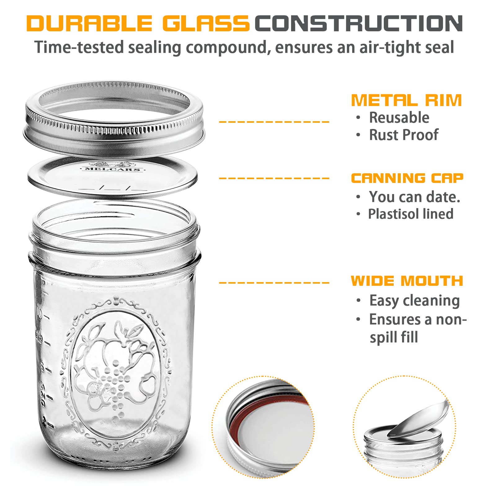Melcars dishwasher-safe mason jar for easy cleaning.