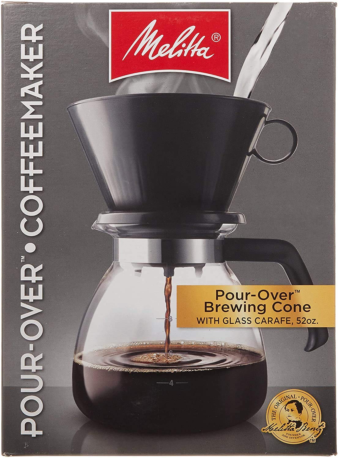 Melitta 52 oz pour-over brewer with glass carafe in black for large-batch coffee