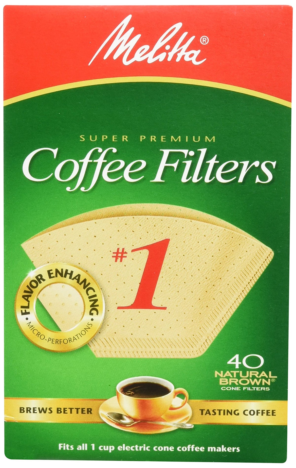 Melitta 620122 natural brown cone filters in box, ideal for 1-cup machines.