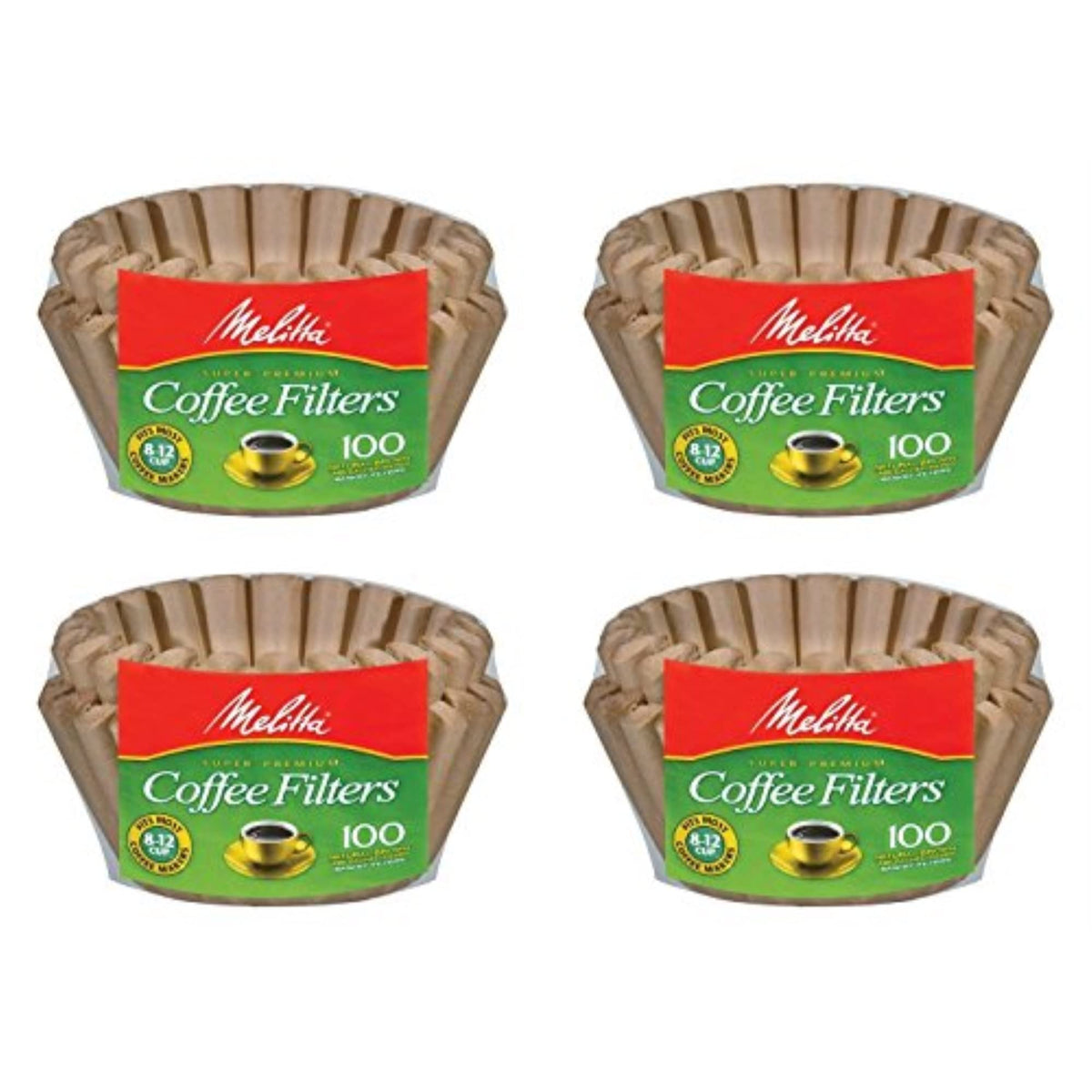 Melitta basket filter paper, natural brown, 400-count packaging, chlorine-free, for clean-tasting coffee.