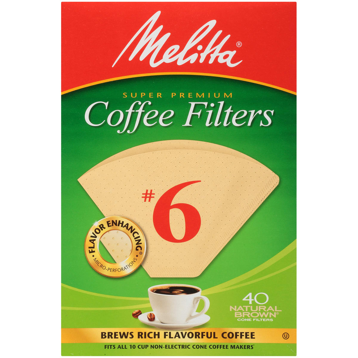 Melitta cone filters, 40-count pack, fit 10-cup brewers for cleaner flavor.