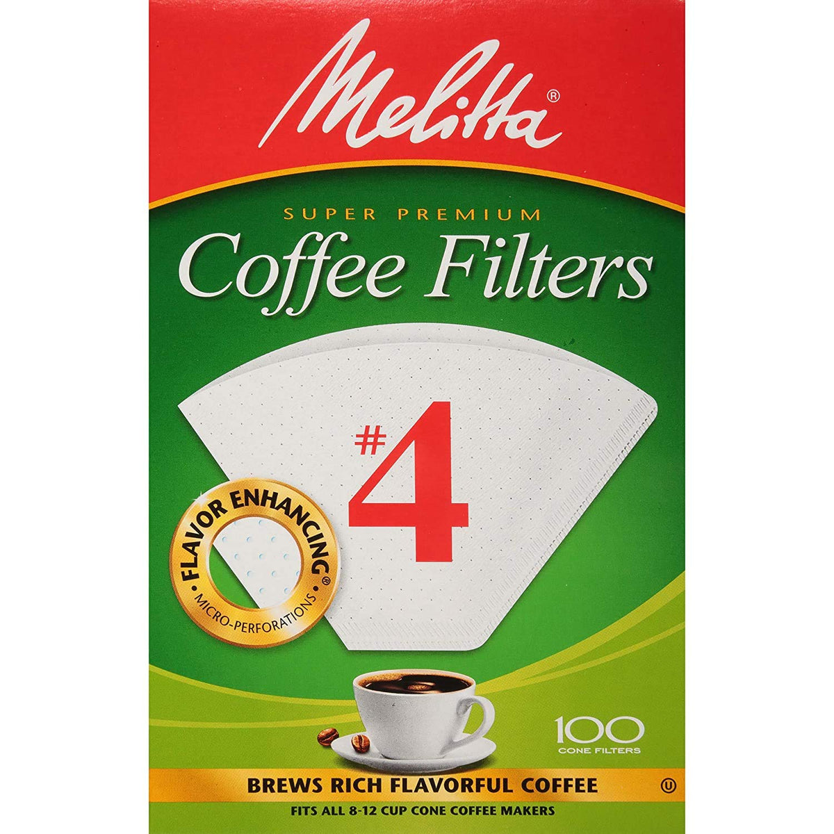 Melitta cone filters size four box for easy, consistent brewing.