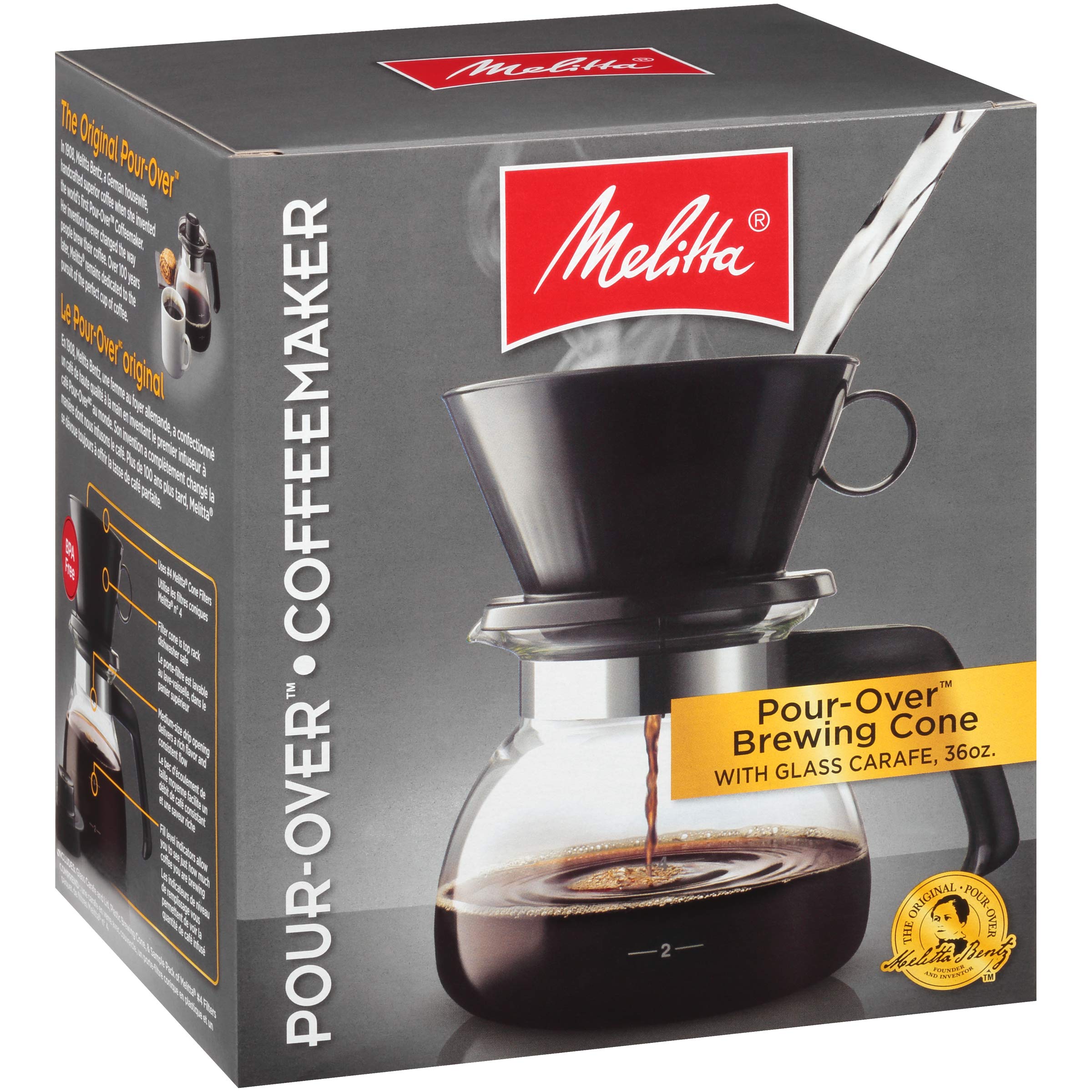 Melitta pour-over brewer with glass carafe ready for a flavorful morning.