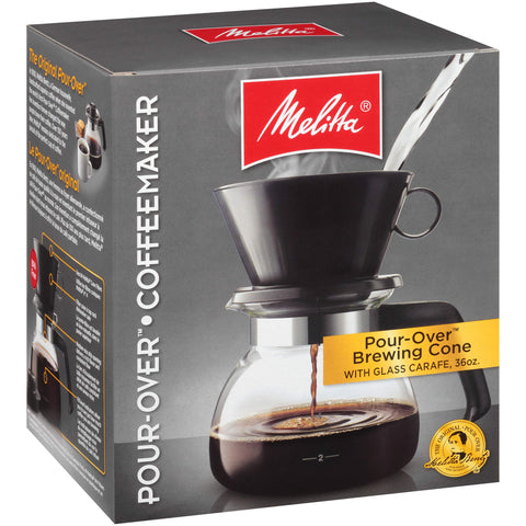 Melitta pour-over brewer with glass carafe ready for a flavorful morning.