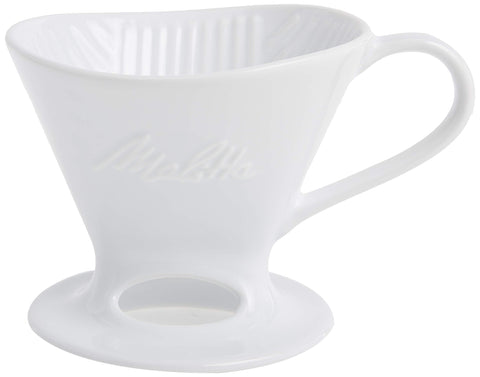 Melitta pour-over cone glossy white front view highlights design for a single cup