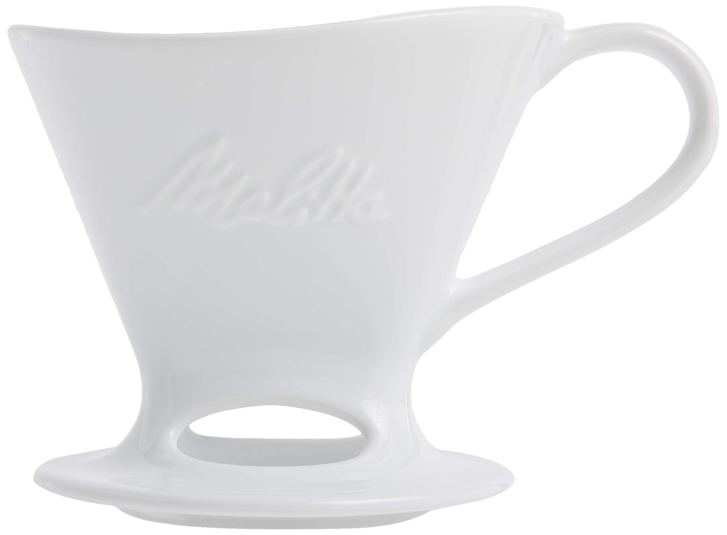 Melitta pour-over cone glossy white side view shows compact mug-friendly form