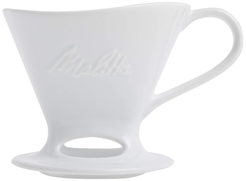 Melitta pour-over cone glossy white side view shows compact mug-friendly form