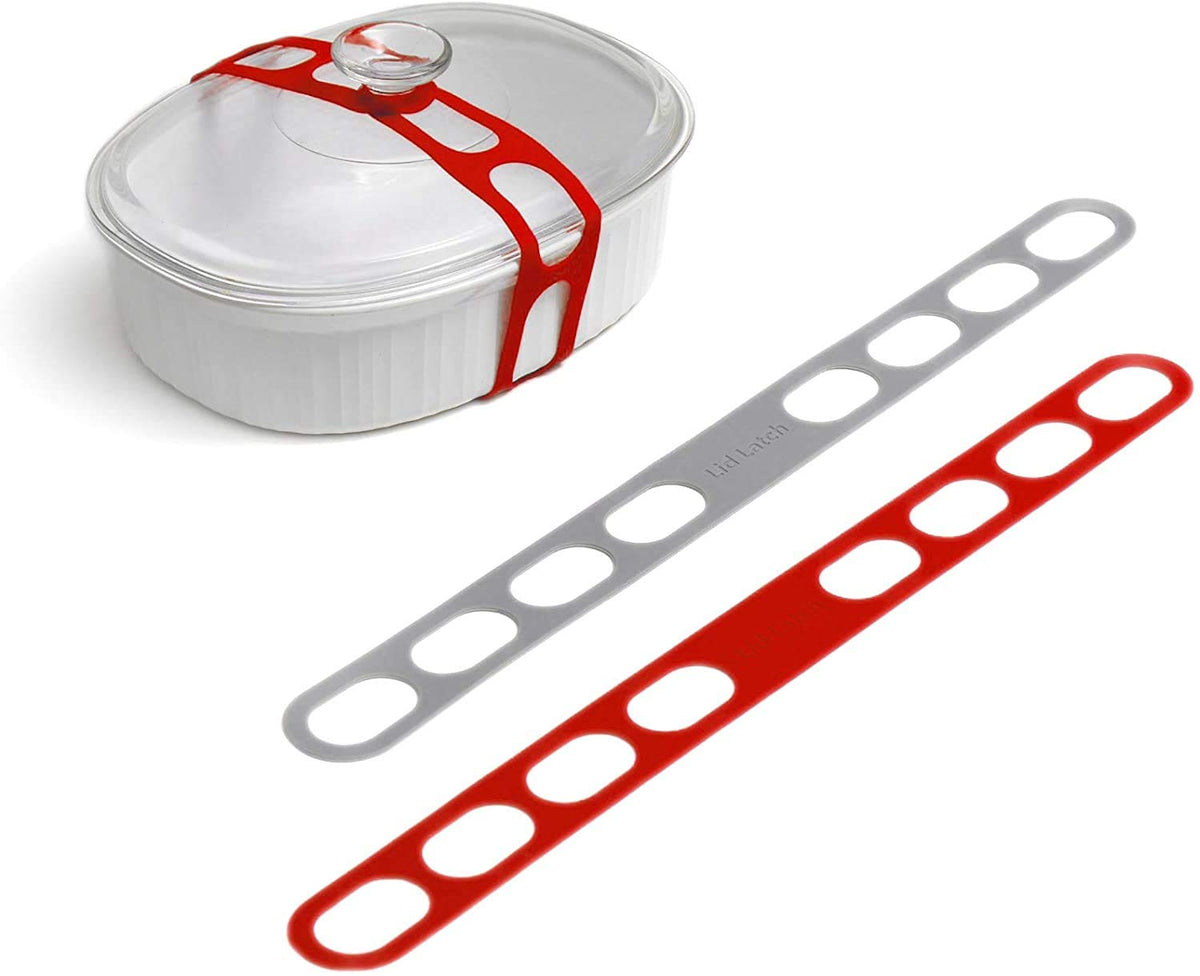 Mella Lid Latch demonstrates universal fit on a crockpot lid for secure transport