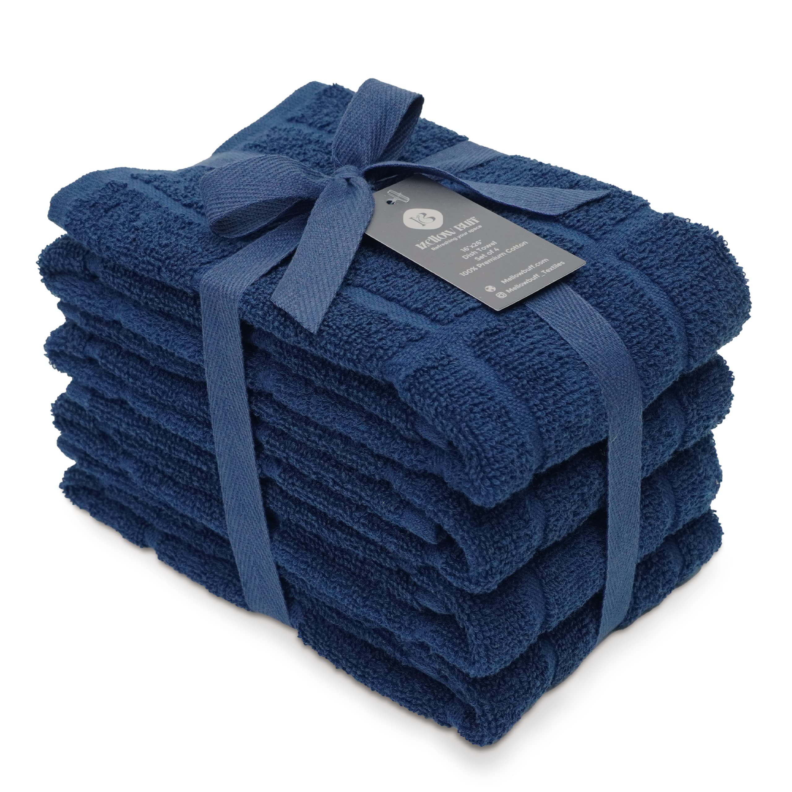 Mellow Buff navy blue dish towels in plain design, highly absorbent for fast drying.