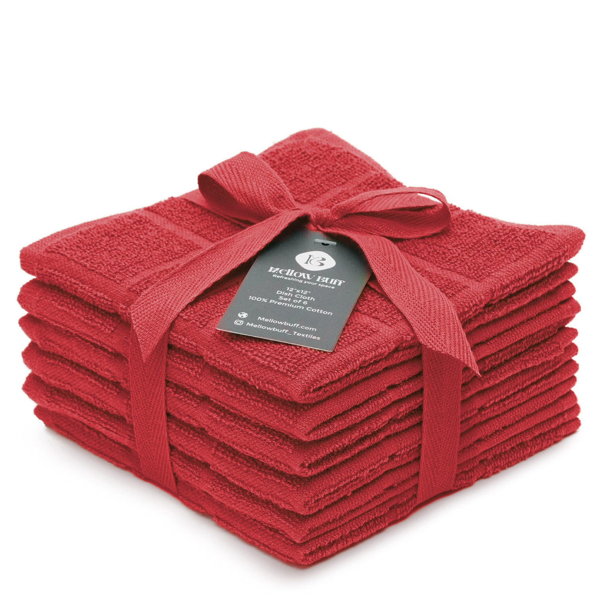 Mellow Buff 100% cotton dishcloth in red, soft and absorbent for quick drying.