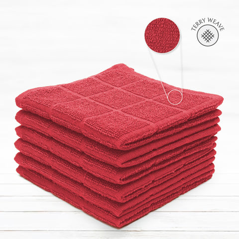 Mellow Buff red dishcloths arranged in a 6-pack display for easy kitchen prep.