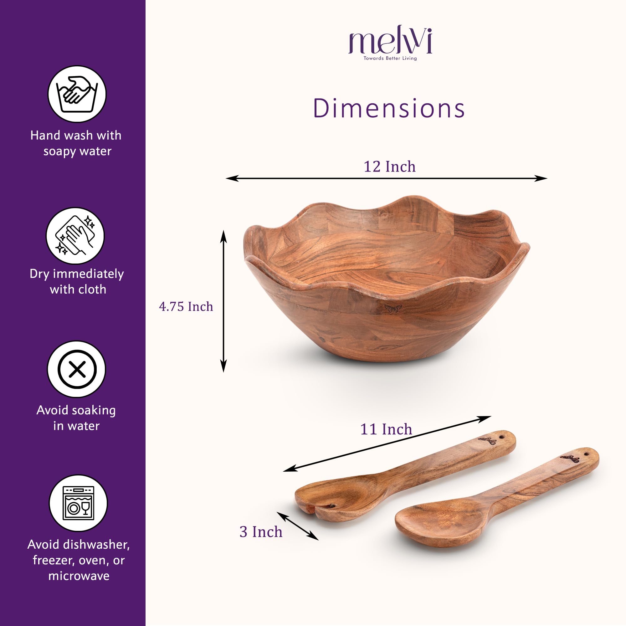Melvvi acacia wood bowl closeup grain highlights unique natural patterns.