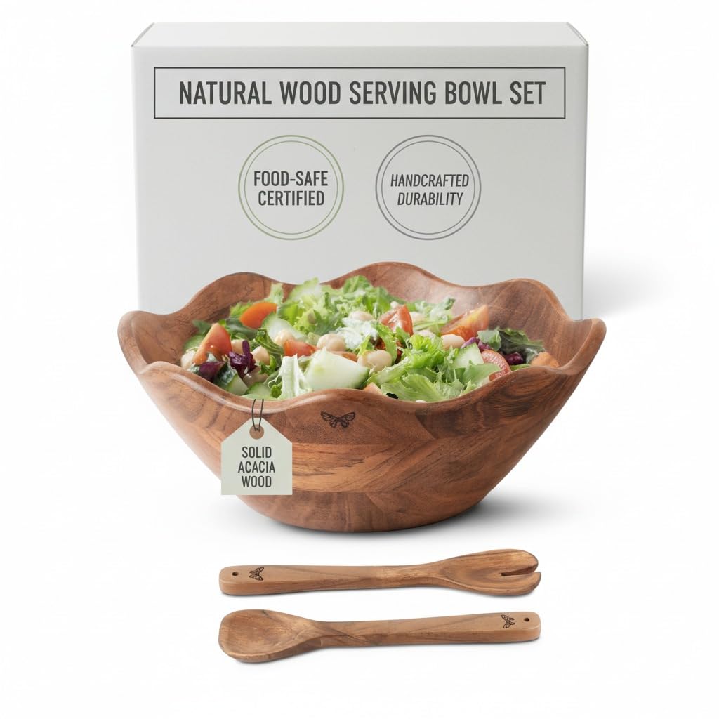 Melvvi large salad bowl 12inch acacia wood showcases natural grain for everyday serving.