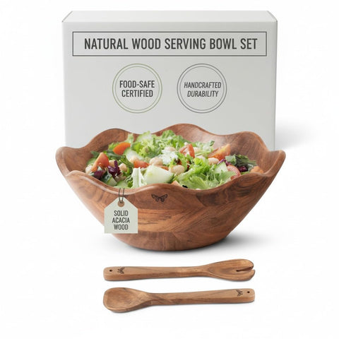 Melvvi large salad bowl 12inch acacia wood showcases natural grain for everyday serving.