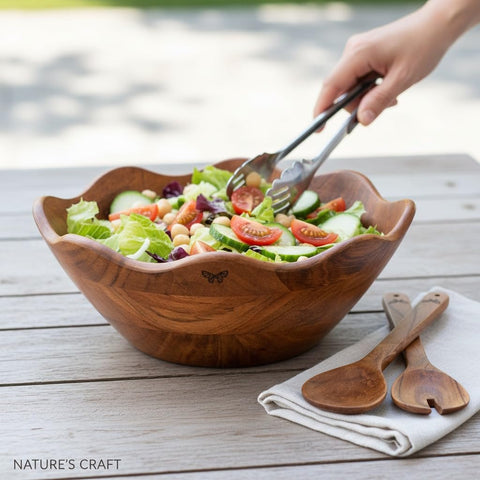 Melvvi salad servers wood complementing the bowl for easy tossing and sharing.