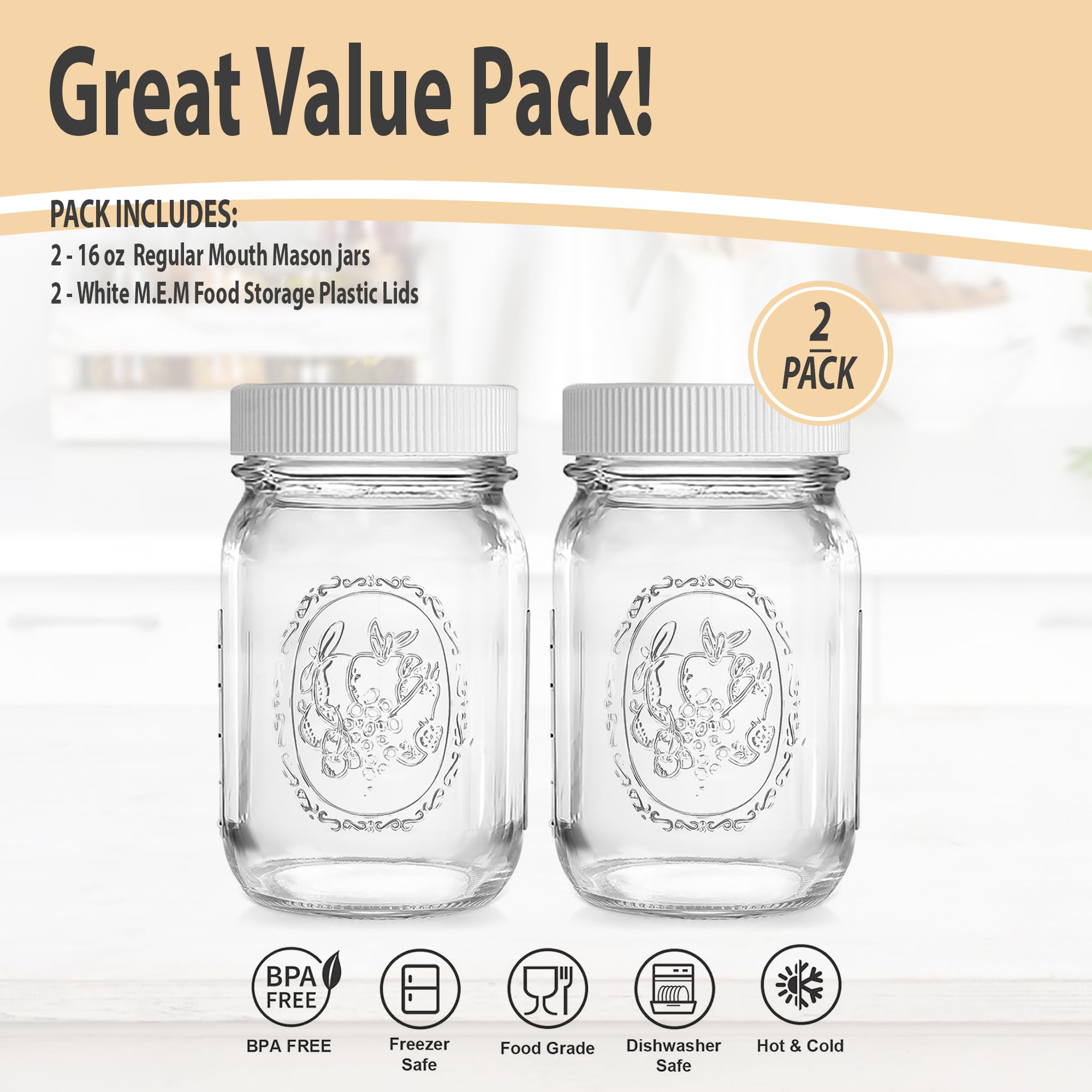 MEM WORLDSHOP 16oz jar in storage-use image emphasizes versatile fridge and pantry options.