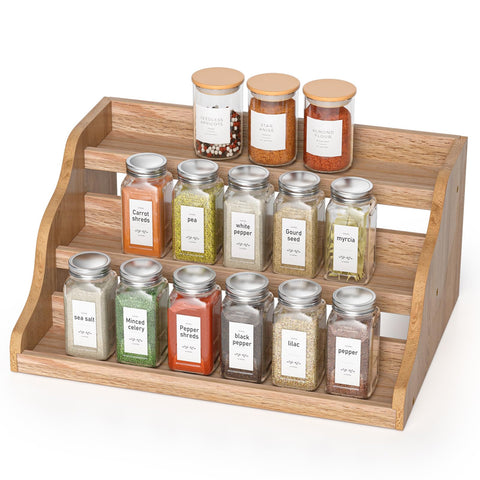 Memanque tiered spice rack on cabinet keeps jars visible and organized.