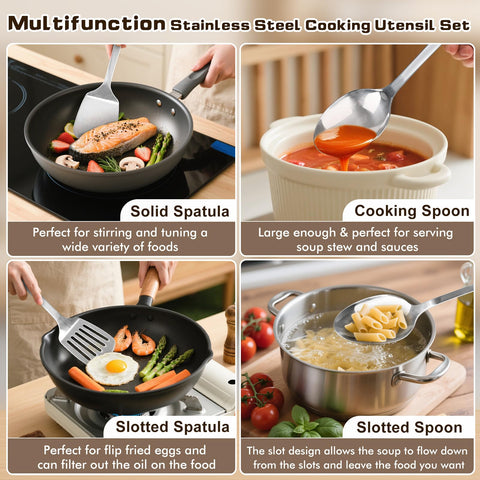 MemoGem 4 Pcs Utensils slotted spoon close-up demonstrates drainage and rust resistance