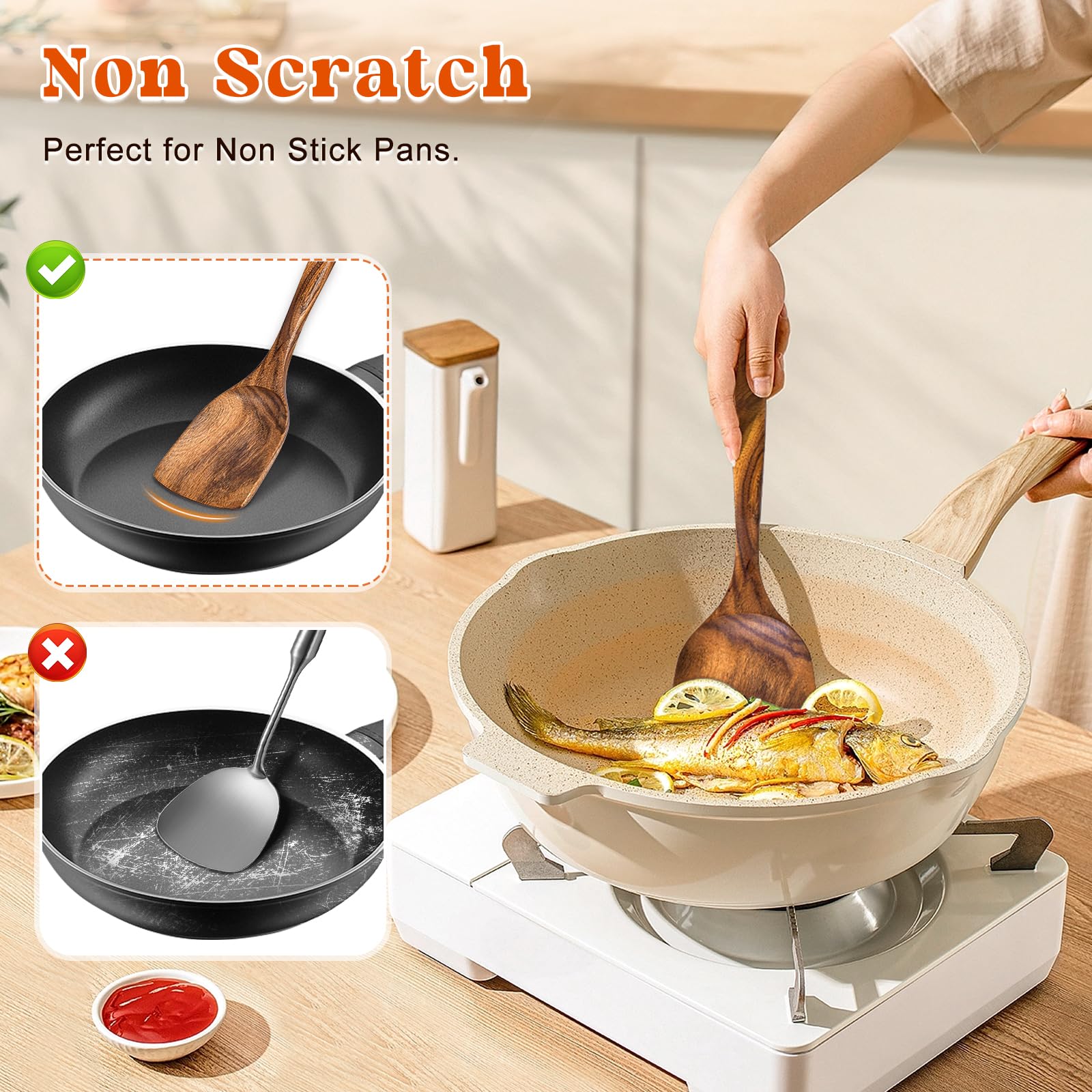 MemoGem wooden slotted turner with extended handle ideal for nonstick pans
